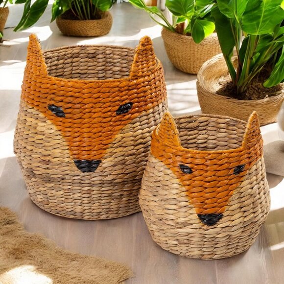 HCD Home Other - NEW SET OF 2 Natural Sustainable Hyacinth Weave Steel FOX BASKETS Storage Kids